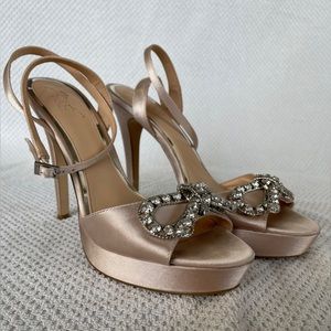 Badgley Mischka ‘Mildred’ Champagne Satin Jeweled Heeled Sandal